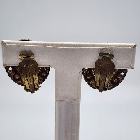 Vintage West Germany Gold Tone Brown Porphyry Glass & Rhinestone Clip-On Earring - Picture 2 of 5